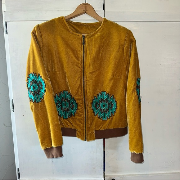 Crazy Train Mustard Velvet Like Bomber Jacket with Bucking Horse & Teal Accents - Picture 2 of 11